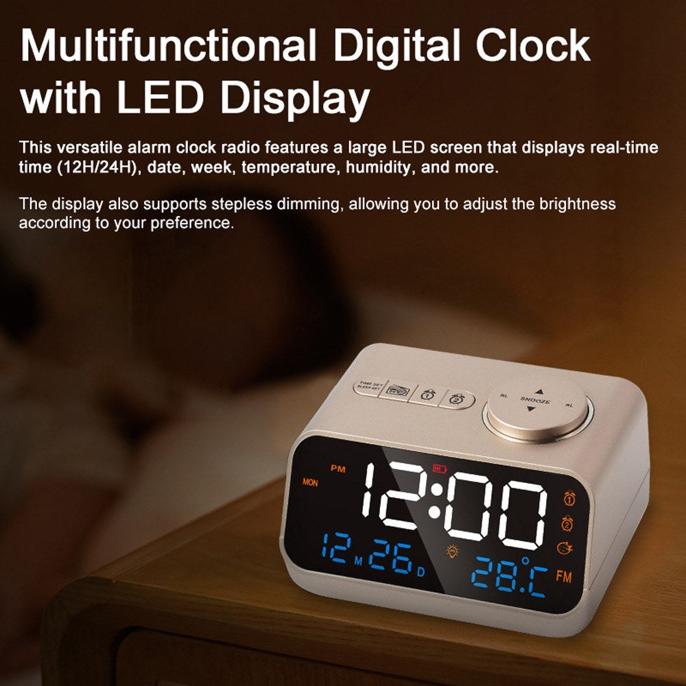Rechargeable LED Digital Alarm Clock with FM Radio, Temperature & Humidity Display, Sound-Activated, Adjustable Brightness/Volume, Snooze Function