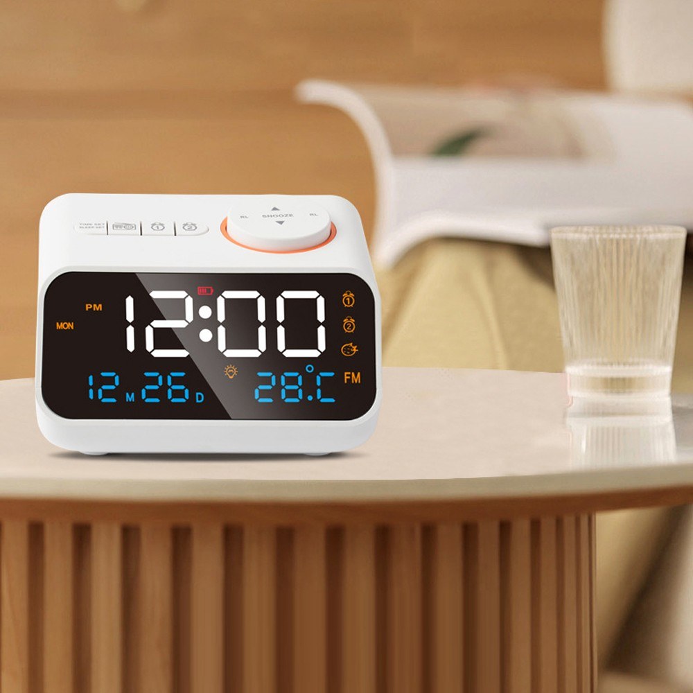 Rechargeable LED Digital Alarm Clock with FM Radio, Temperature & Humidity Display, Sound-Activated, Adjustable Brightness/Volume, Snooze Function