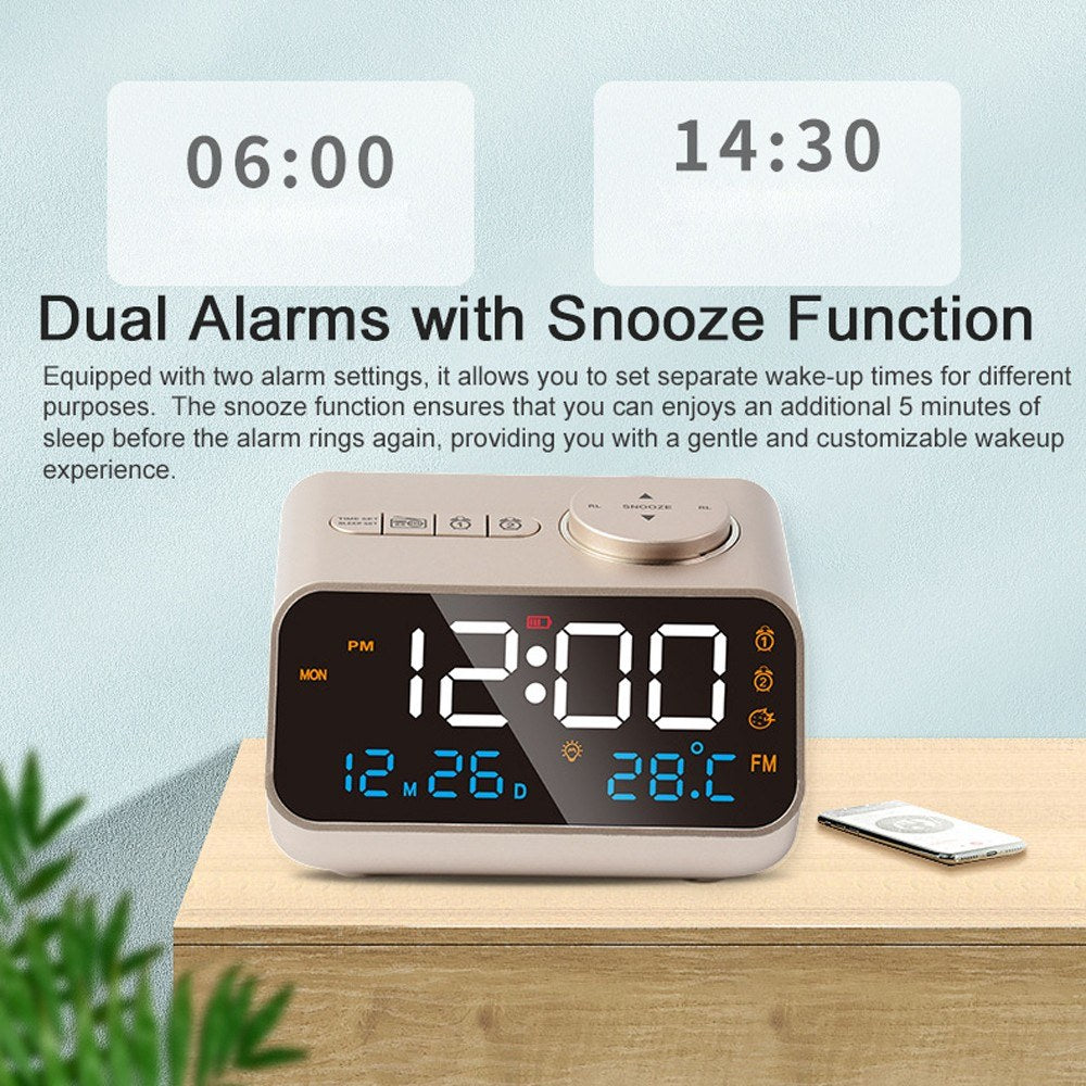 Rechargeable LED Digital Alarm Clock with FM Radio, Temperature & Humidity Display, Sound-Activated, Adjustable Brightness/Volume, Snooze Function
