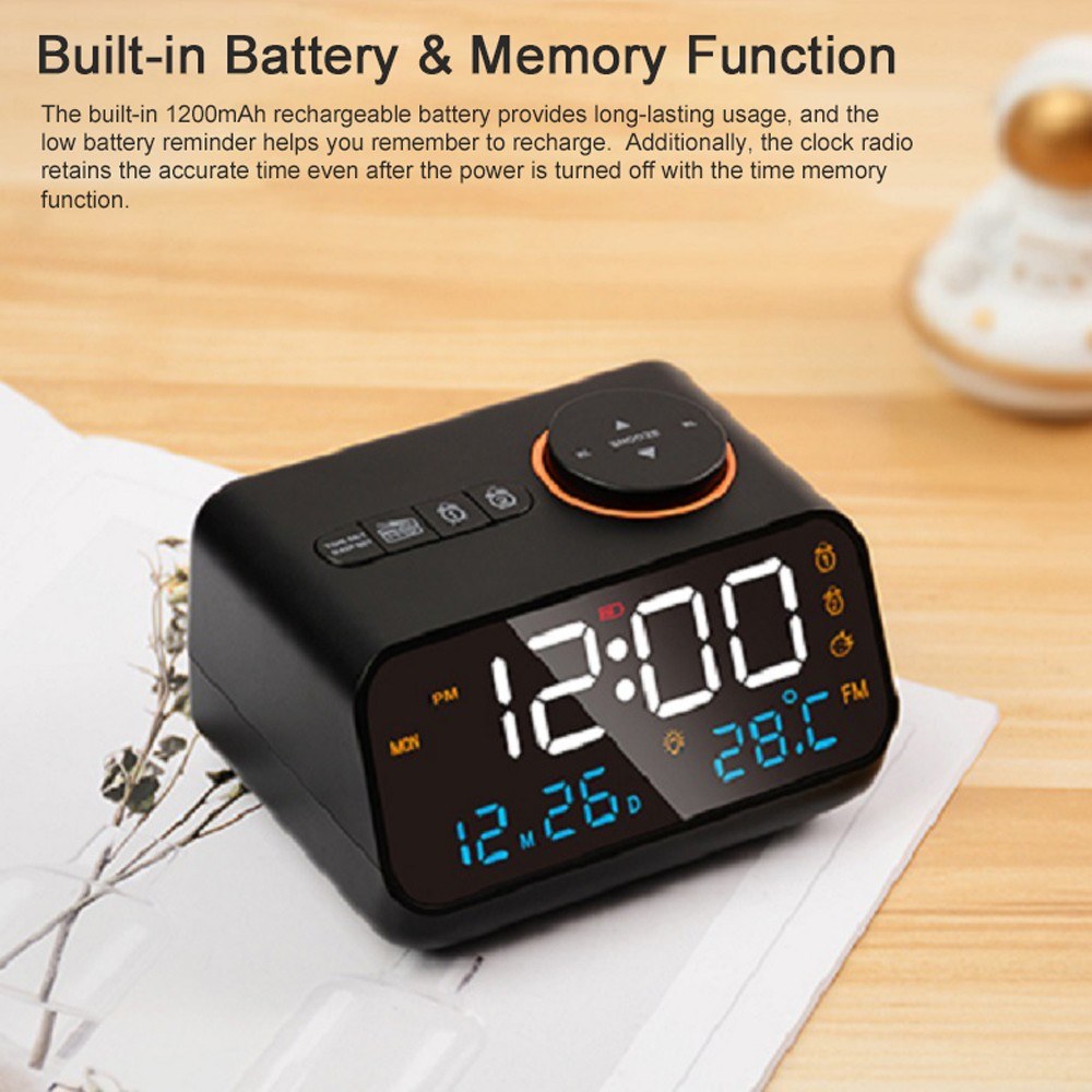 Rechargeable LED Digital Alarm Clock with FM Radio, Temperature & Humidity Display, Sound-Activated, Adjustable Brightness/Volume, Snooze Function