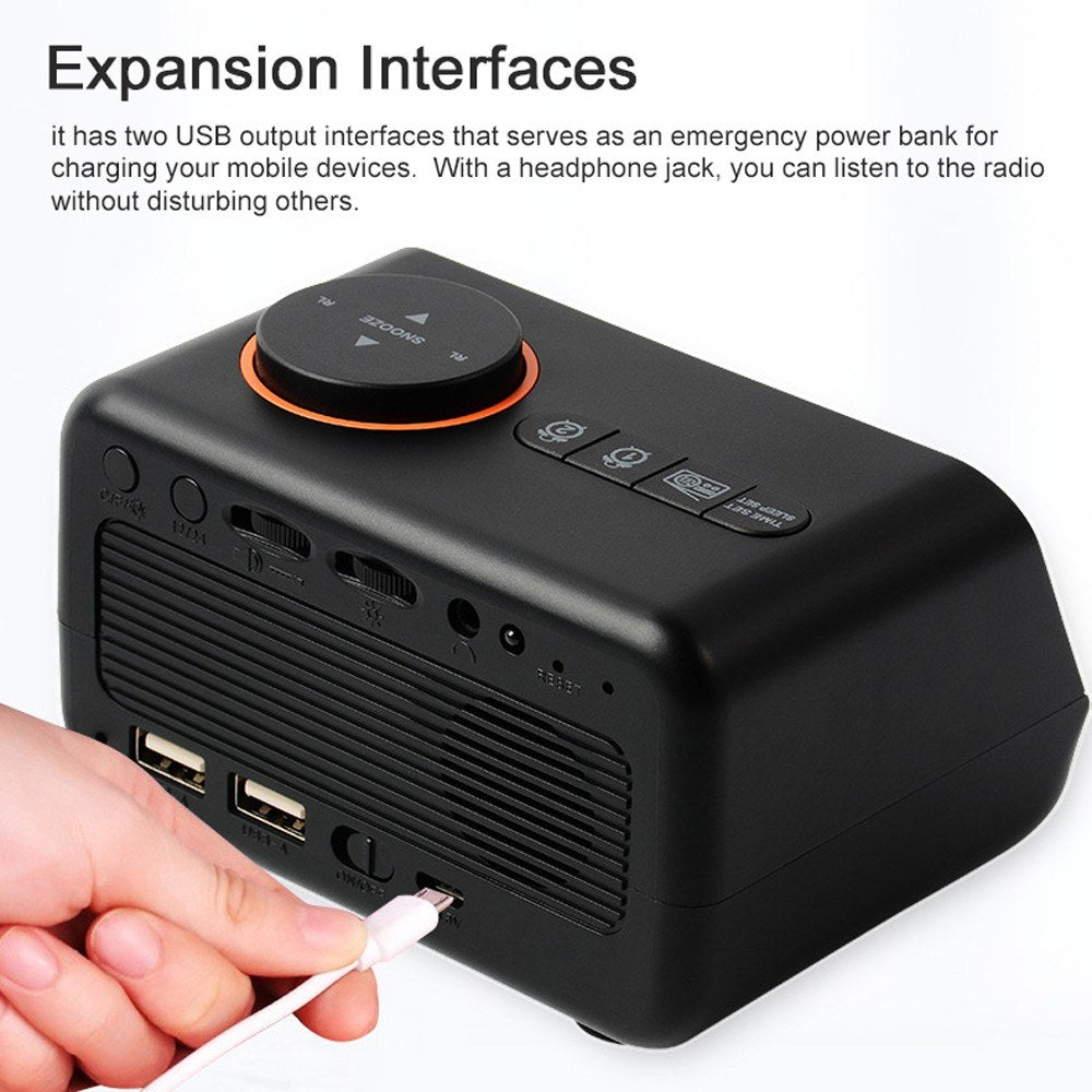 Rechargeable LED Digital Alarm Clock with FM Radio, Temperature & Humidity Display, Sound-Activated, Adjustable Brightness/Volume, Snooze Function