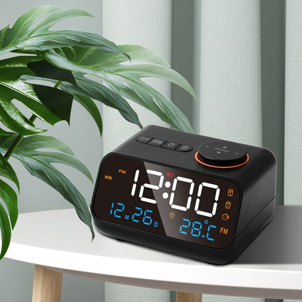 Rechargeable LED Digital Alarm Clock with FM Radio, Temperature & Humidity Display, Sound-Activated, Adjustable Brightness/Volume, Snooze Function