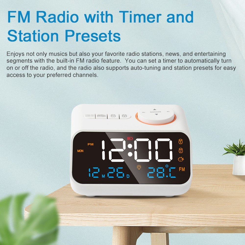 Rechargeable LED Digital Alarm Clock with FM Radio, Temperature & Humidity Display, Sound-Activated, Adjustable Brightness/Volume, Snooze Function