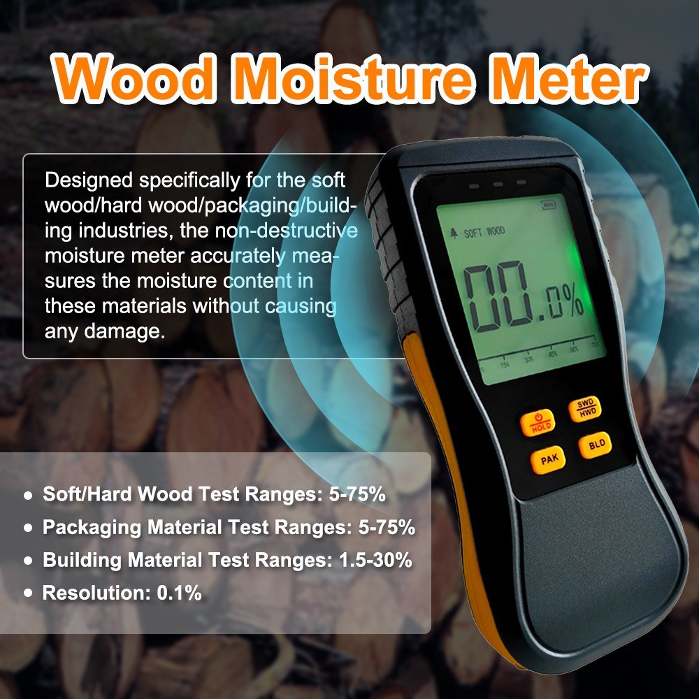 Digital LCD Wood Moisture Meter with LED Backlight, 4 Modes for Wood & Building Materials