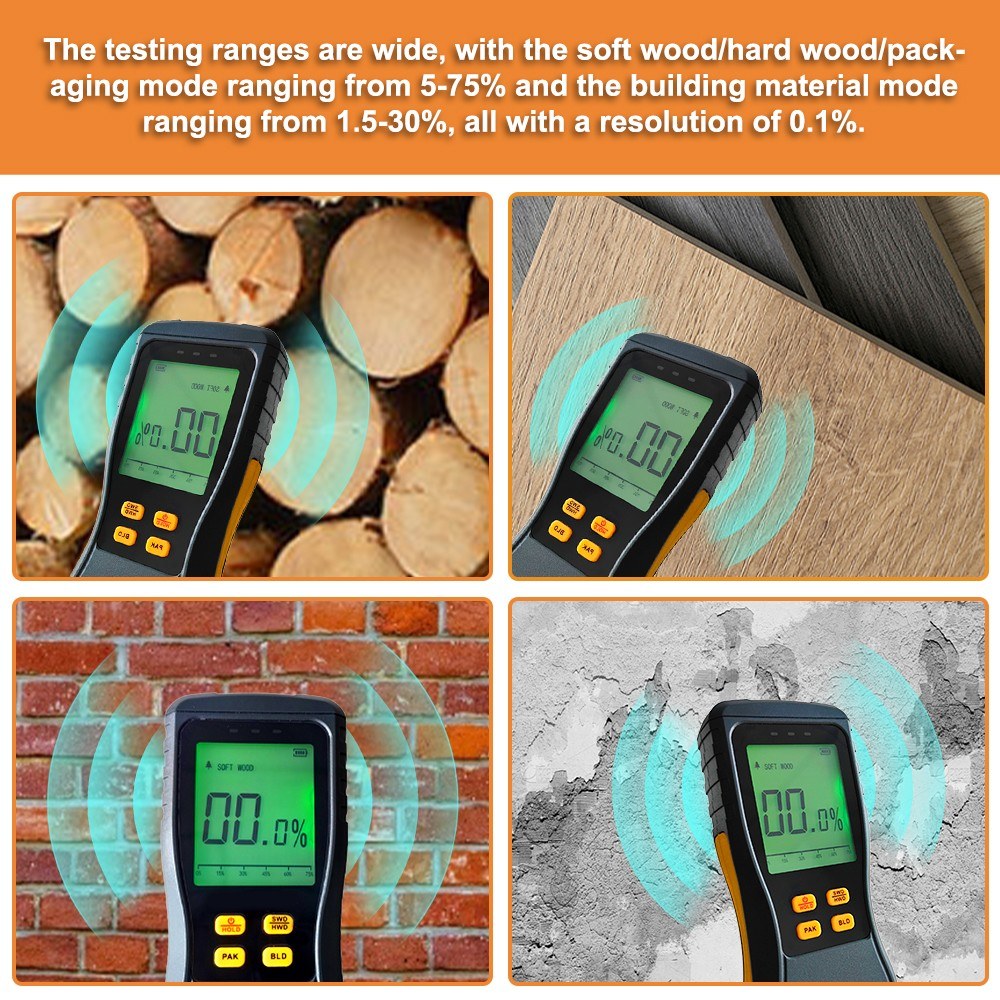 Digital LCD Wood Moisture Meter with LED Backlight, 4 Modes for Wood & Building Materials