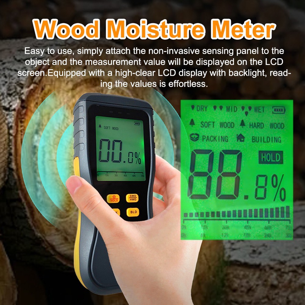 Digital LCD Wood Moisture Meter with LED Backlight, 4 Modes for Wood & Building Materials