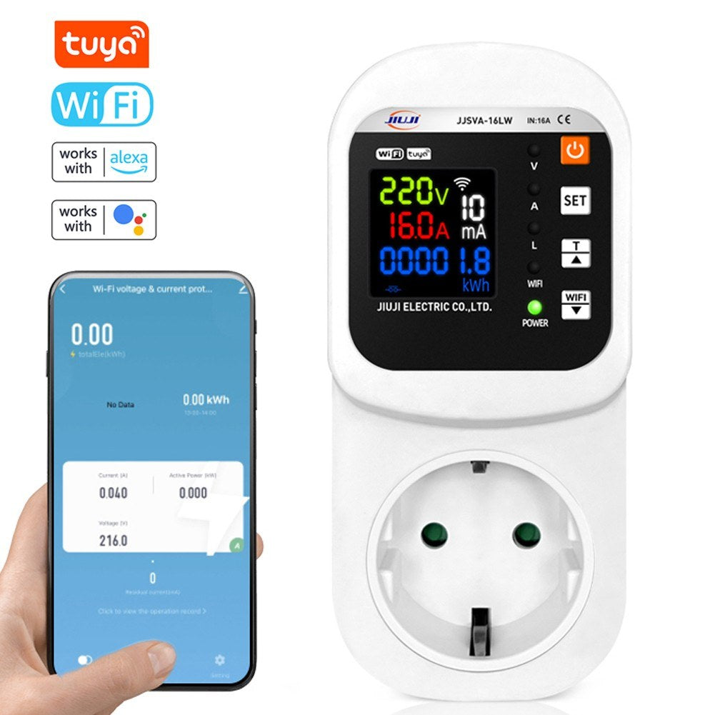 Tuya WiFi Smart Voltage Protector Socket with Digital Display, Voice Control, and Auto Reset for Alexa/Google Home