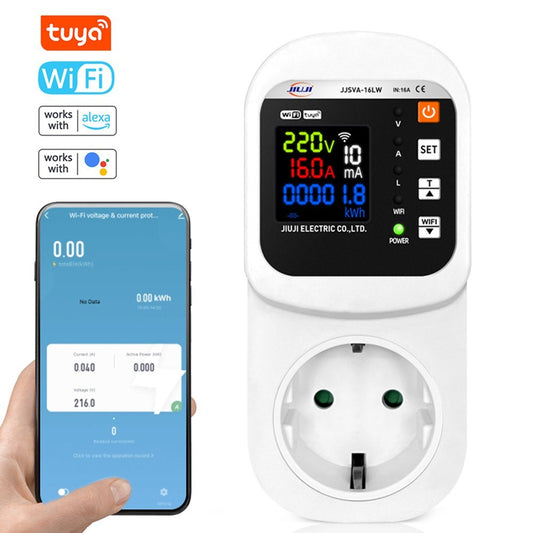 Tuya WiFi Smart Voltage Protector Socket with Digital Display, Voice Control, and Auto Reset for Alexa/Google Home