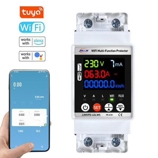 Tuya WiFi Smart Circuit Breaker with Digital Display & Kilowatt-hour Meter – Adjustable Voltage, Current, and Leakage Protection