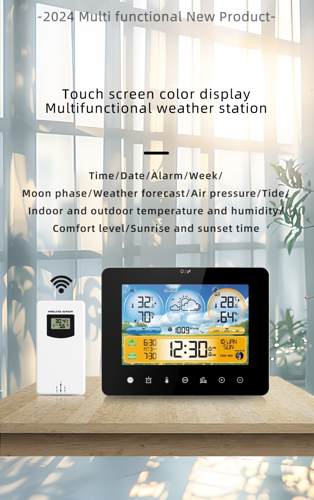 Wireless Weather Station: Indoor Outdoor Thermometer with Remote Sensors, Touchscreen Display, Forecast, Sunrise/Sunset Times, and Tide Levels