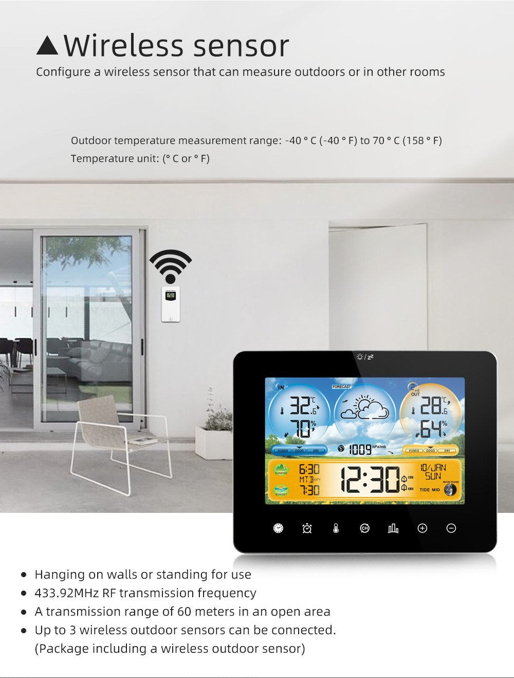 Wireless Weather Station: Indoor Outdoor Thermometer with Remote Sensors, Touchscreen Display, Forecast, Sunrise/Sunset Times, and Tide Levels