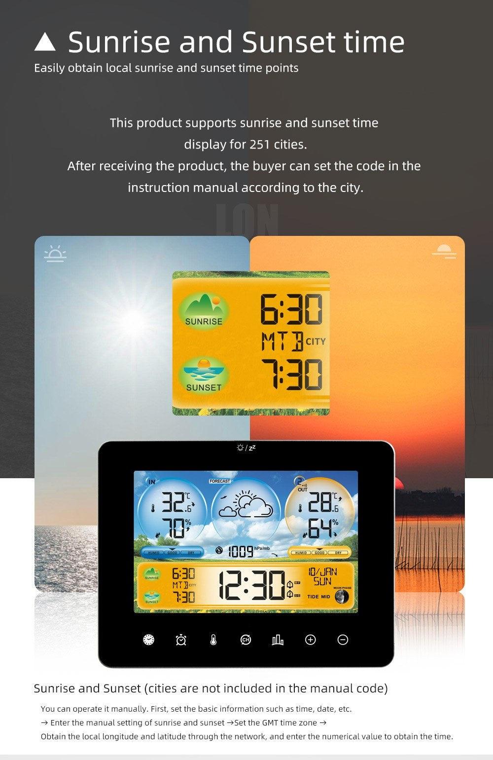 Wireless Weather Station: Indoor Outdoor Thermometer with Remote Sensors, Touchscreen Display, Forecast, Sunrise/Sunset Times, and Tide Levels