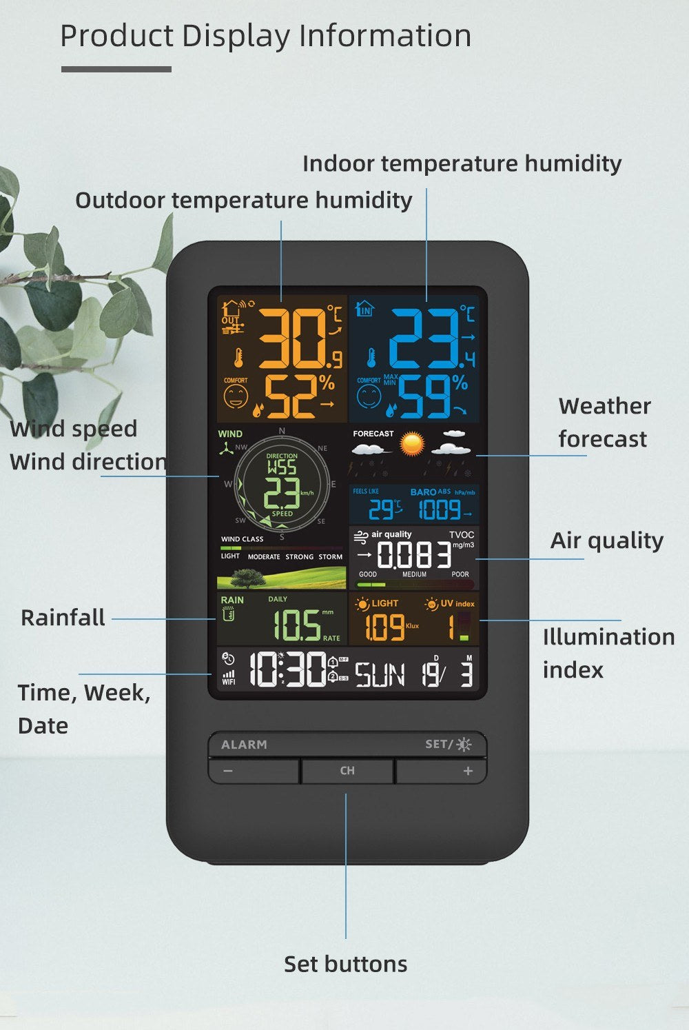 Digital Color Display Weather Station: Indoor Outdoor Thermometer with Rainfall, Wind Speed & Direction