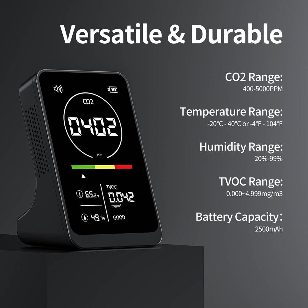 4-in-1 Portable Air Quality Monitor: CO2, TVOC, Temperature & Humidity with NDIR Sensor & Alarm