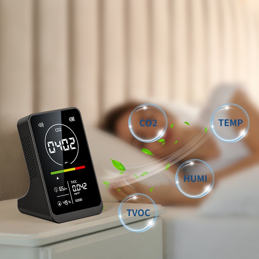 4-in-1 Portable Air Quality Monitor: CO2, TVOC, Temperature & Humidity with NDIR Sensor & Alarm
