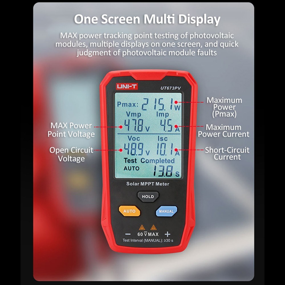 UNI-T UT673PV Solar MPPT Meter Photovoltaic Power Tester with Peak Voltage, Current, and Pmax Measurements