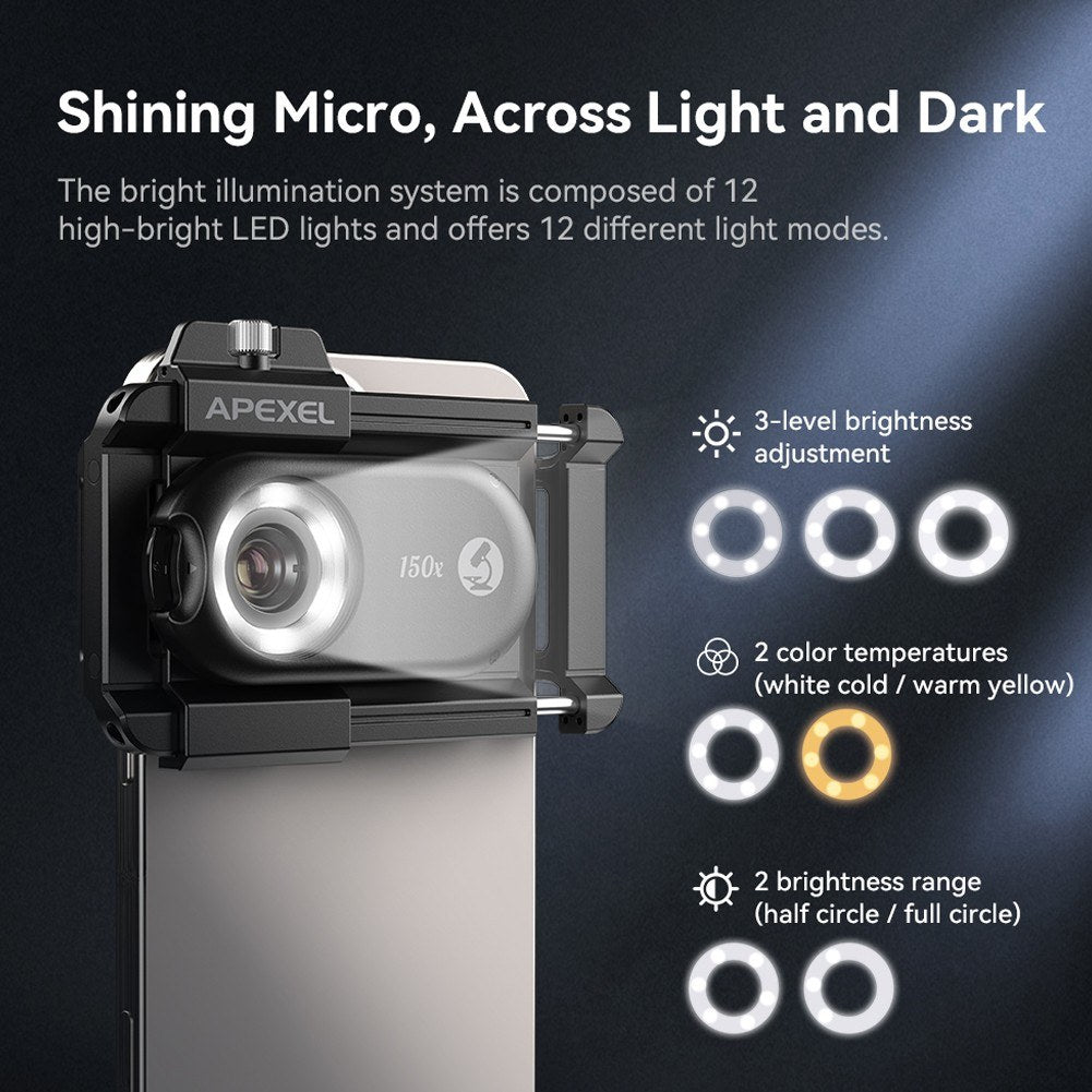 Portable Quick Release Cellphone Microscope with CPL Polarized Lenses, 12 LEDs, UV Lights, Adjustable Light Modes, Universal Clip for Magnified Exploration