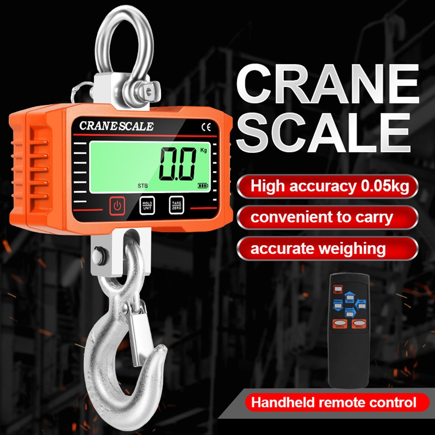 1000kg Portable Electronic Crane Scale with LCD Display, Industrial Grade Heavy Duty Weight Hook & 3-Unit Conversion