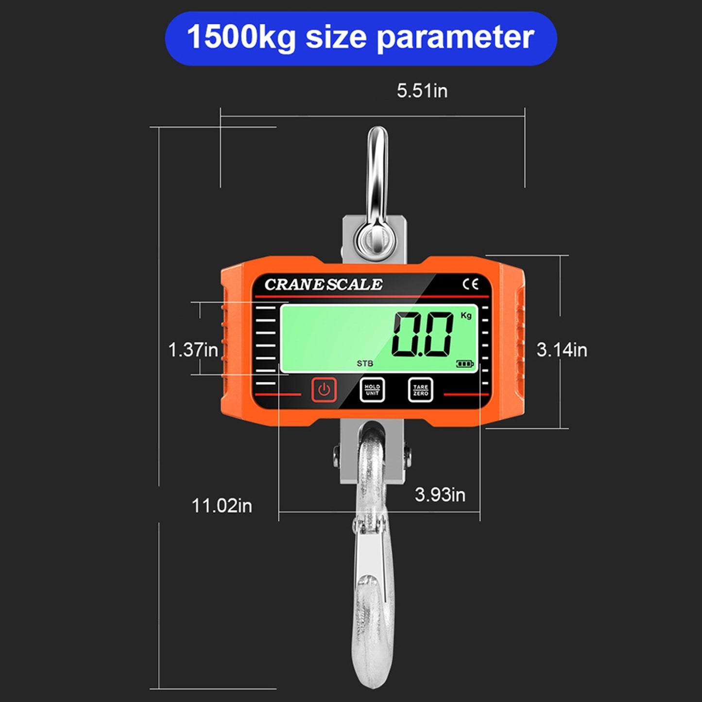 1000kg Portable Electronic Crane Scale with LCD Display, Industrial Grade Heavy Duty Weight Hook & 3-Unit Conversion