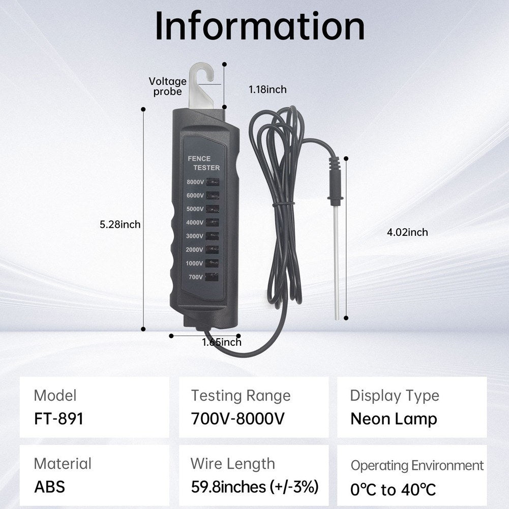 Electric Fence Tester FT-891: 700-8000V Pulse Voltage Detector for Horse, Dairy, Wildlife, and Livestock Fencing