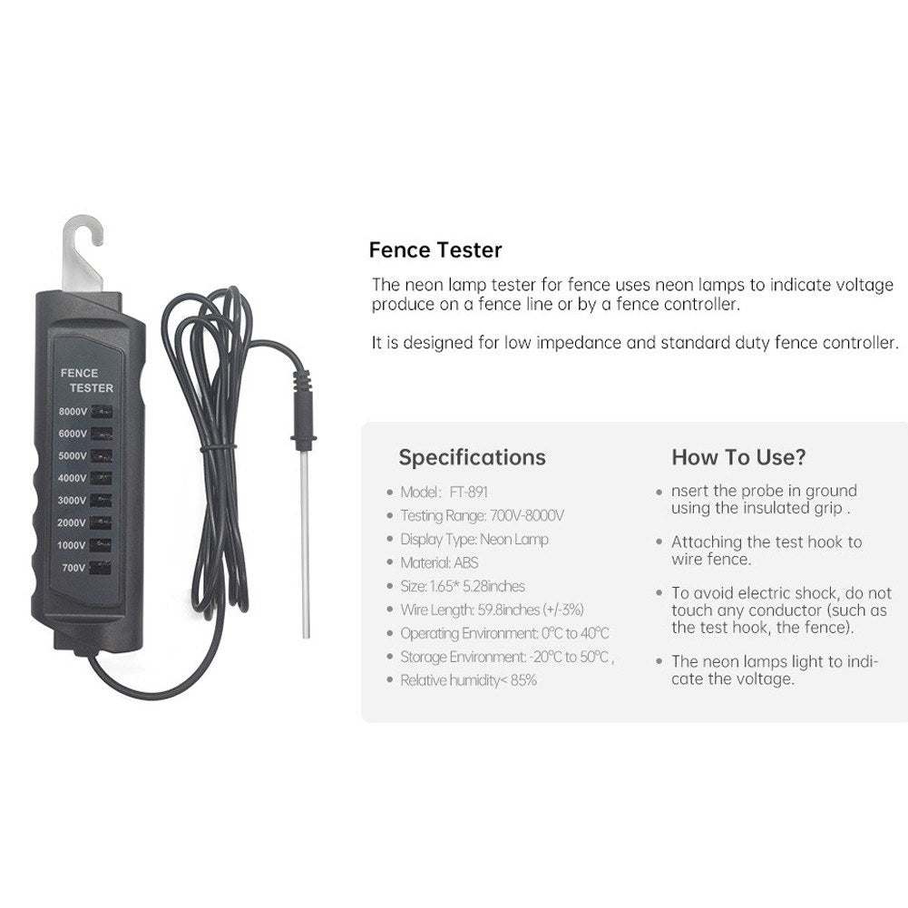 Electric Fence Tester FT-891: 700-8000V Pulse Voltage Detector for Horse, Dairy, Wildlife, and Livestock Fencing