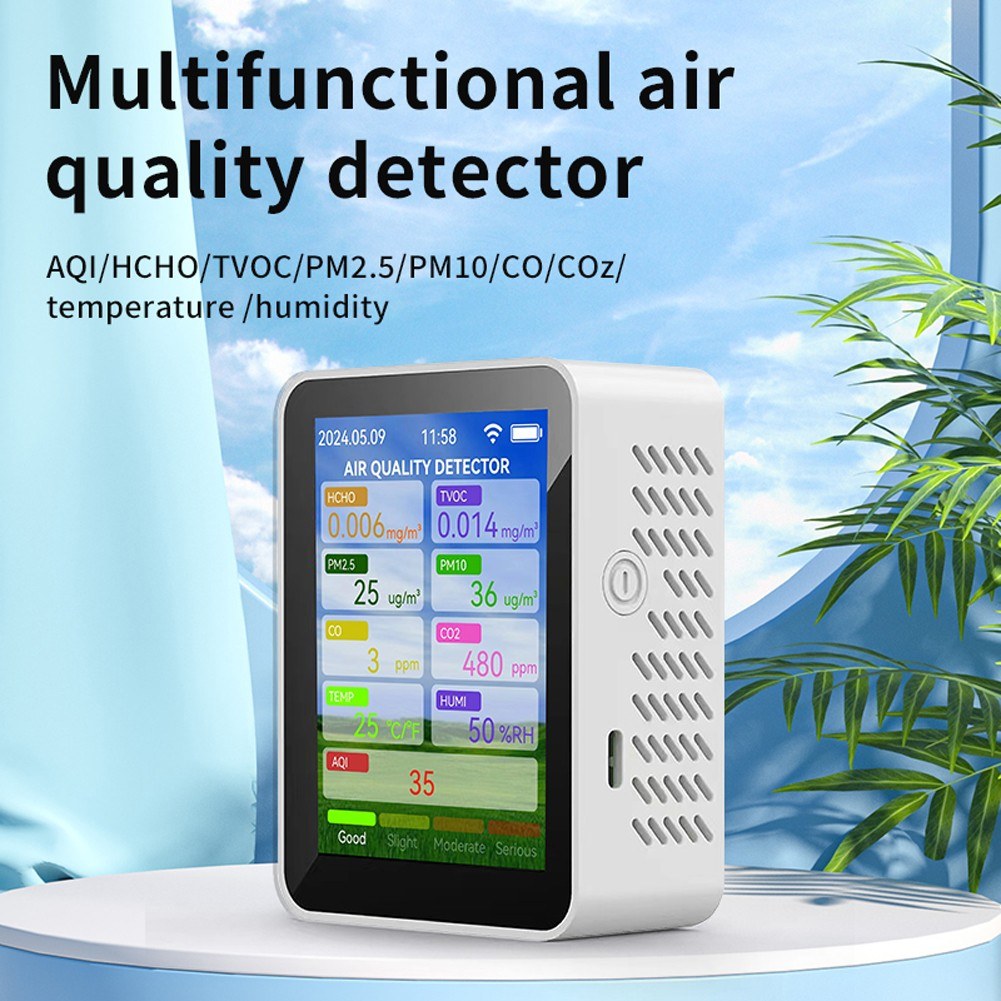 Tuya WiFi Smart Air Quality Meter – Portable HCHO TVOC CO2 PM2.5 CO PM10 Tester with Temperature, Humidity Detection & 2.8-inch TFT Display Alarm
