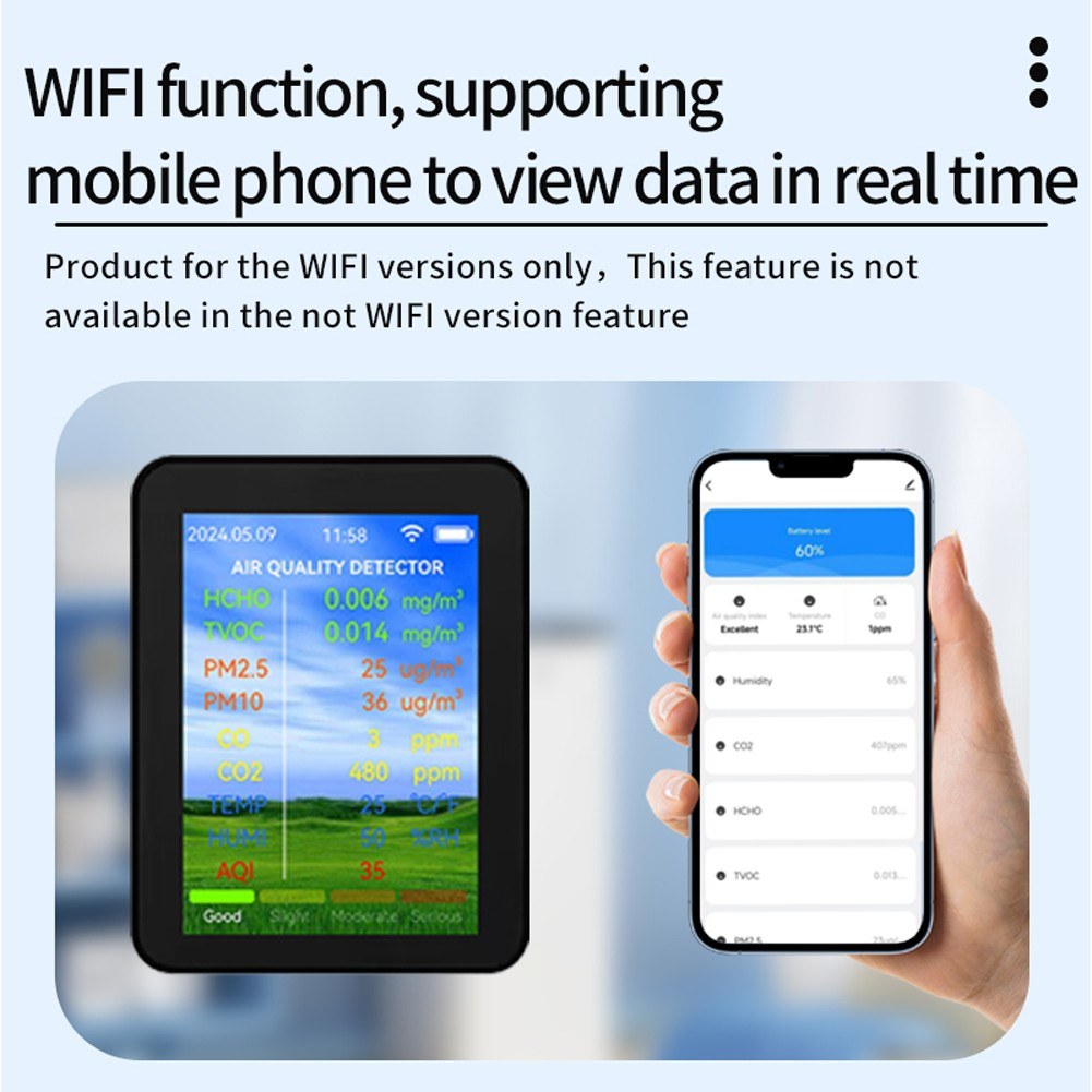 Tuya WiFi Smart Air Quality Meter – Portable HCHO TVOC CO2 PM2.5 CO PM10 Tester with Temperature, Humidity Detection & 2.8-inch TFT Display Alarm