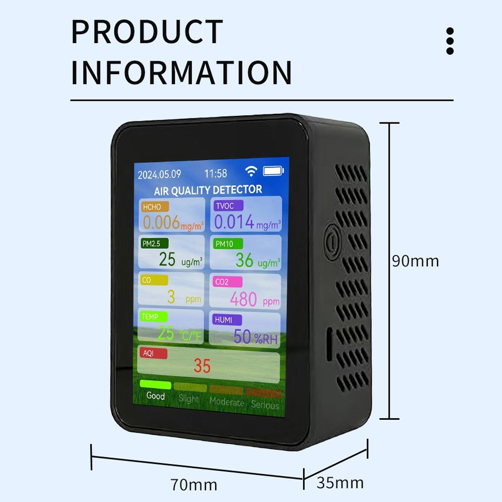 Tuya WiFi Smart Air Quality Meter – Portable HCHO TVOC CO2 PM2.5 CO PM10 Tester with Temperature, Humidity Detection & 2.8-inch TFT Display Alarm