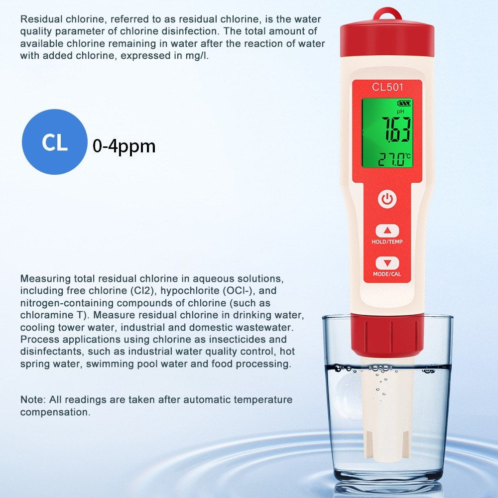 5-in-1 Water Quality Tester: Chlorine, pH, ORP, H2 & Temperature Meter for Drinking Water, Aquariums, Aquaculture & Pools