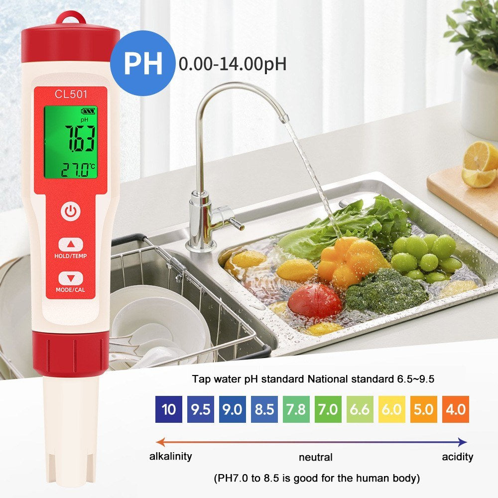 5-in-1 Water Quality Tester: Chlorine, pH, ORP, H2 & Temperature Meter for Drinking Water, Aquariums, Aquaculture & Pools
