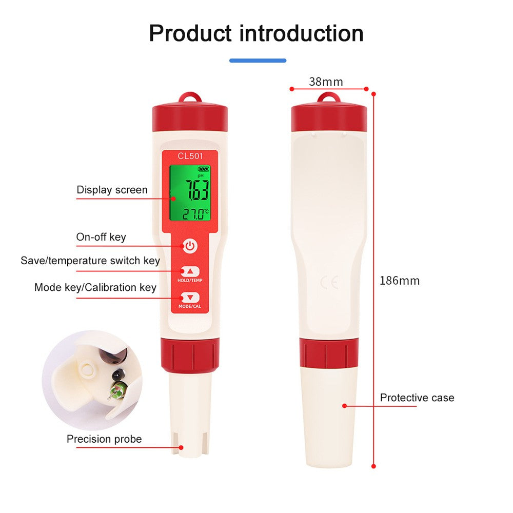 5-in-1 Water Quality Tester: Chlorine, pH, ORP, H2 & Temperature Meter for Drinking Water, Aquariums, Aquaculture & Pools