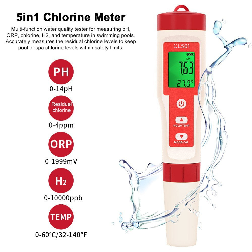5-in-1 Water Quality Tester: Chlorine, pH, ORP, H2 & Temperature Meter for Drinking Water, Aquariums, Aquaculture & Pools