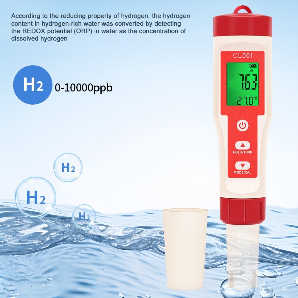 5-in-1 Water Quality Tester: Chlorine, pH, ORP, H2 & Temperature Meter for Drinking Water, Aquariums, Aquaculture & Pools