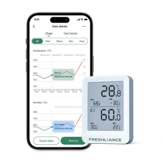 Bluetooth Temperature & Humidity Recorder for Cold Storage & Transport - Mobile App Control, Large Capacity, Auto PDF/CSV Data Export