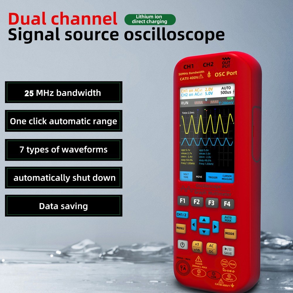 3-in-1 Handheld Oscilloscope Multimeter with Signal Source, 3.98-inch TFT Display, 50MHz Bandwidth, 250MSa/s Sampling Rate, Dual Channel, Waveform Save & View Function for DIY & Electronics Testing