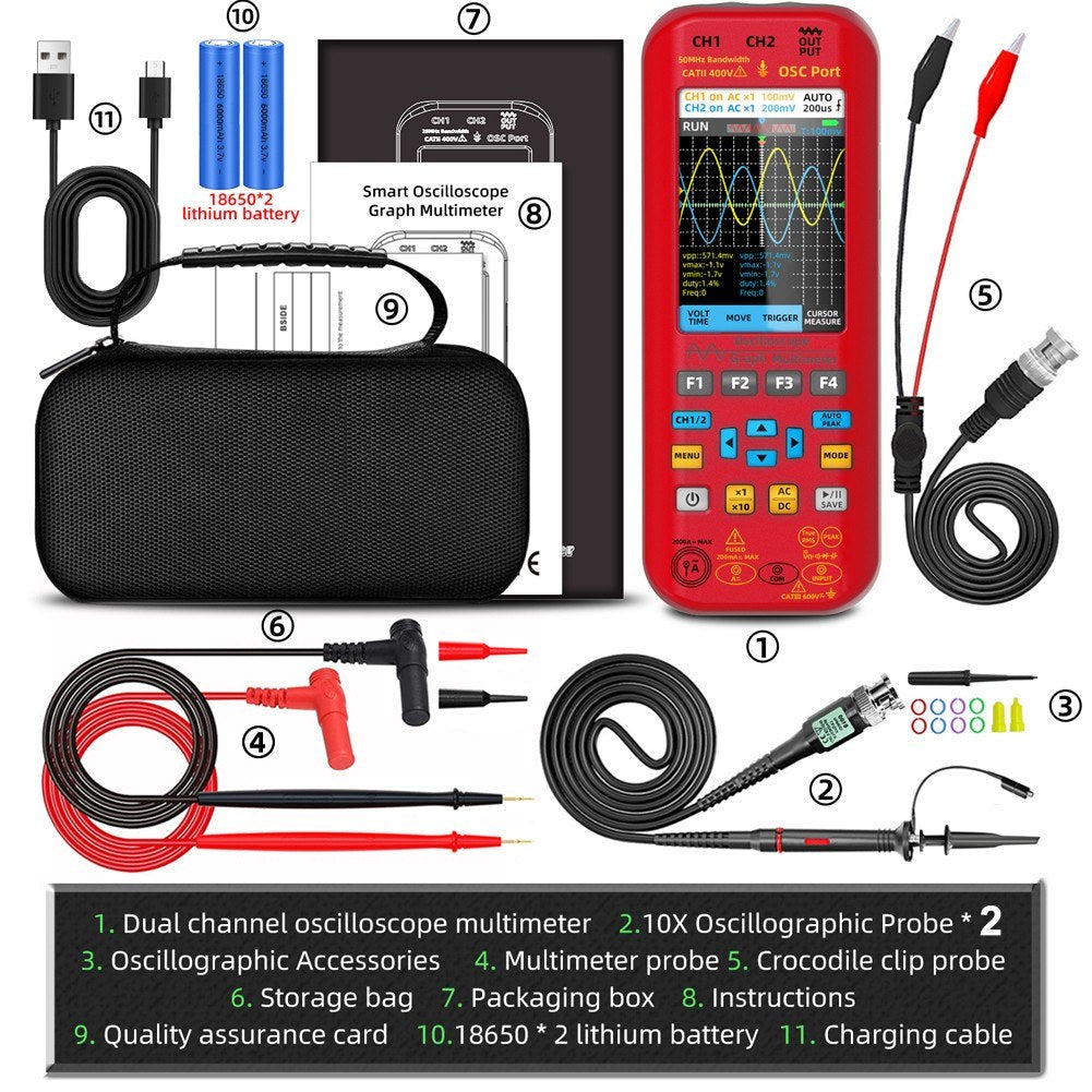 3-in-1 Handheld Oscilloscope Multimeter with Signal Source, 3.98-inch TFT Display, 50MHz Bandwidth, 250MSa/s Sampling Rate, Dual Channel, Waveform Save & View Function for DIY & Electronics Testing