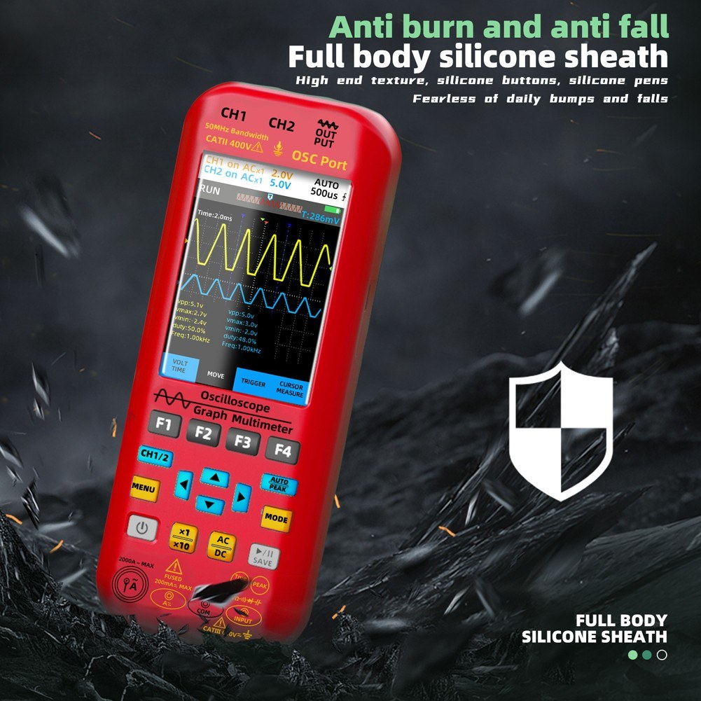 3-in-1 Handheld Oscilloscope Multimeter with Signal Source, 3.98-inch TFT Display, 50MHz Bandwidth, 250MSa/s Sampling Rate, Dual Channel, Waveform Save & View Function for DIY & Electronics Testing