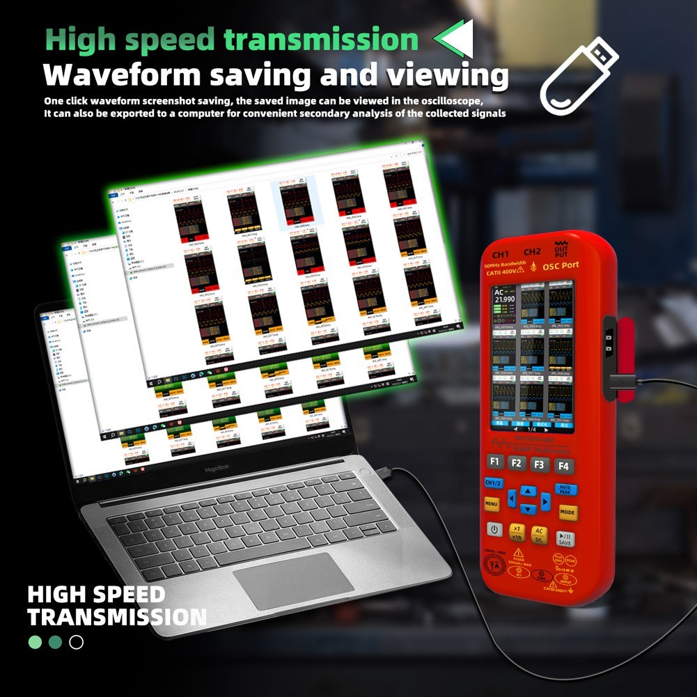 3-in-1 Handheld Oscilloscope Multimeter with Signal Source, 3.98-inch TFT Display, 50MHz Bandwidth, 250MSa/s Sampling Rate, Dual Channel, Waveform Save & View Function for DIY & Electronics Testing