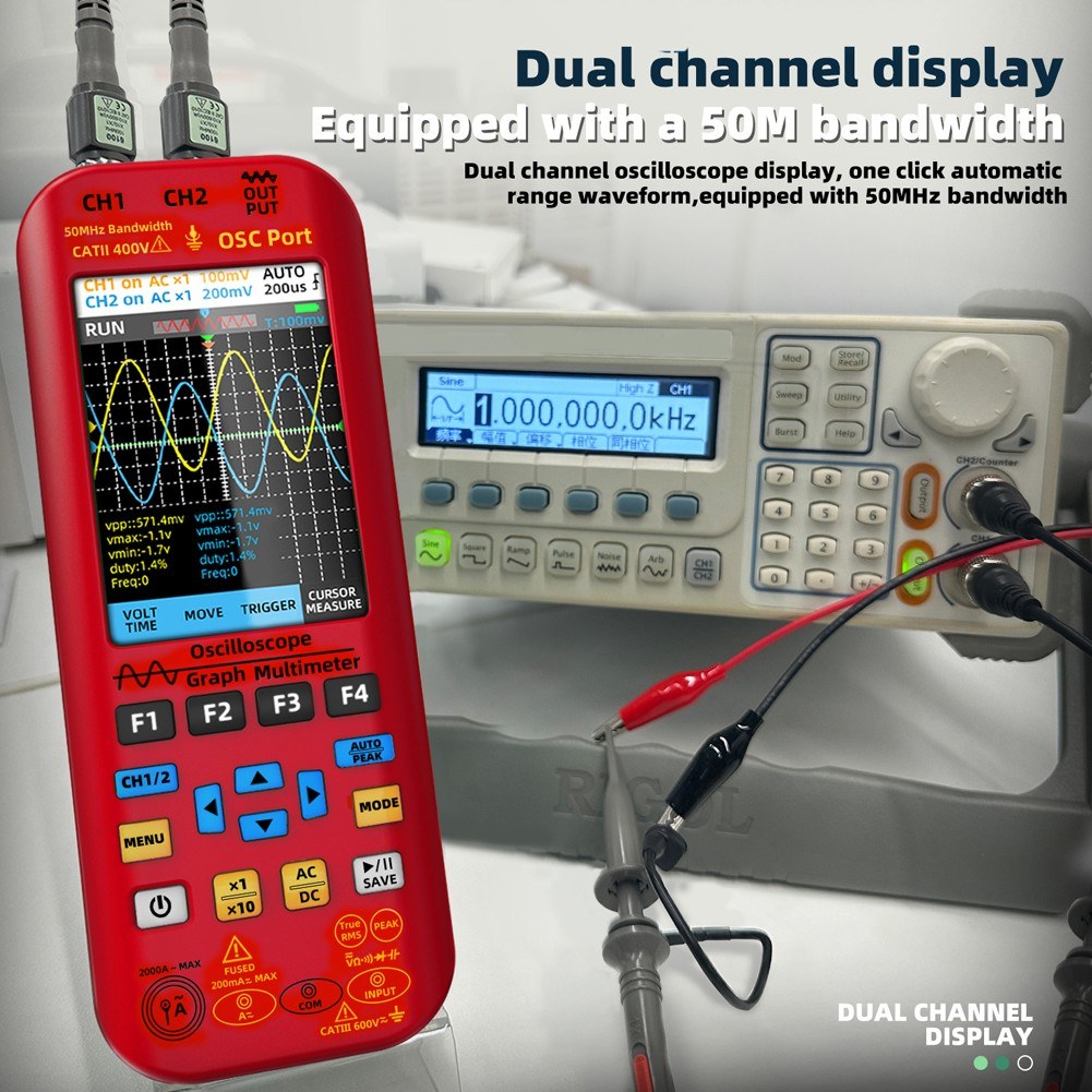 3-in-1 Handheld Oscilloscope Multimeter with Signal Source, 3.98-inch TFT Display, 50MHz Bandwidth, 250MSa/s Sampling Rate, Dual Channel, Waveform Save & View Function for DIY & Electronics Testing