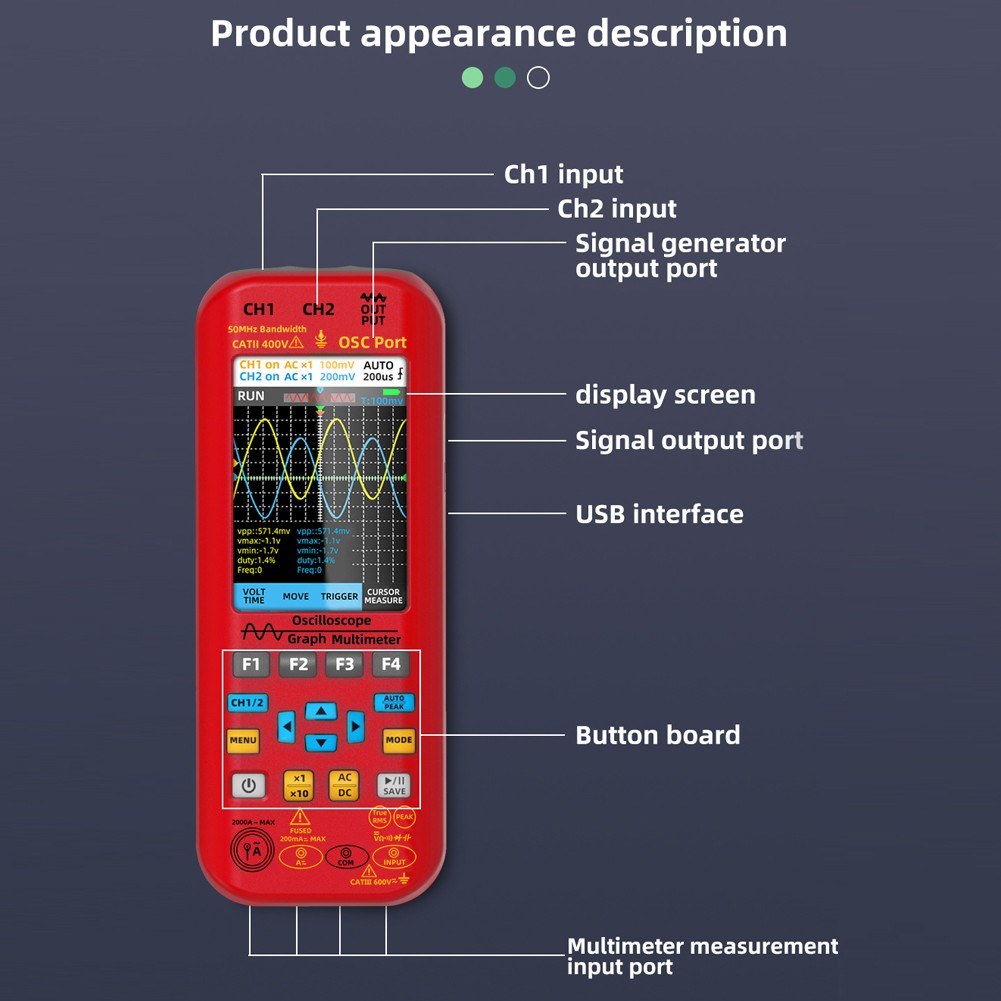 3-in-1 Handheld Oscilloscope Multimeter with Signal Source, 3.98-inch TFT Display, 50MHz Bandwidth, 250MSa/s Sampling Rate, Dual Channel, Waveform Save & View Function for DIY & Electronics Testing