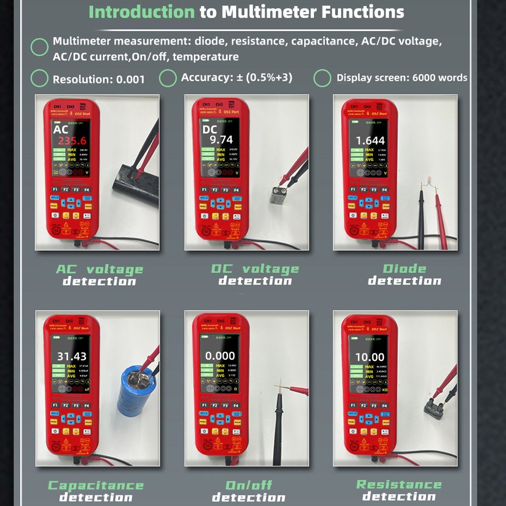 3-in-1 Handheld Oscilloscope Multimeter with Signal Source, 3.98-inch TFT Display, 50MHz Bandwidth, 250MSa/s Sampling Rate, Dual Channel, Waveform Save & View Function for DIY & Electronics Testing
