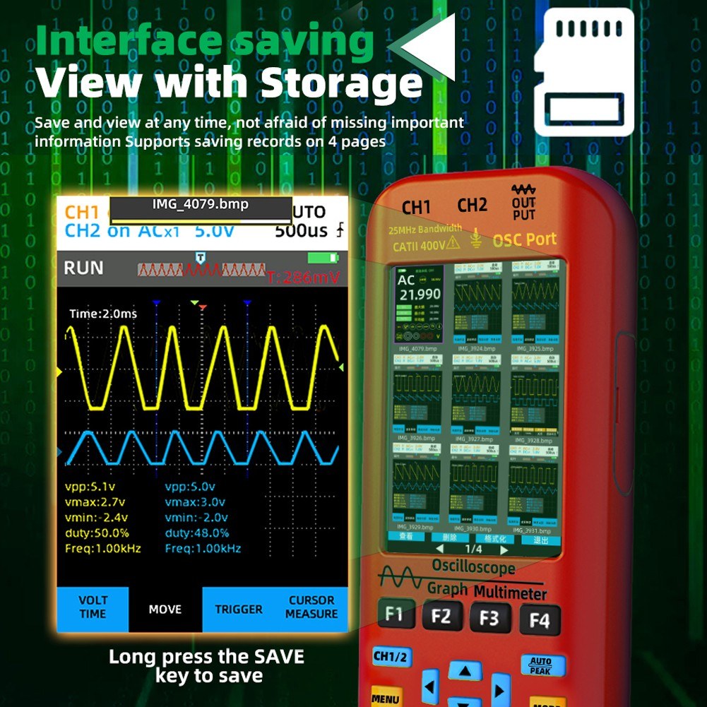 3-in-1 Handheld Oscilloscope Multimeter with Signal Source, 3.98-inch TFT Display, 50MHz Bandwidth, 250MSa/s Sampling Rate, Dual Channel, Waveform Save & View Function for DIY & Electronics Testing