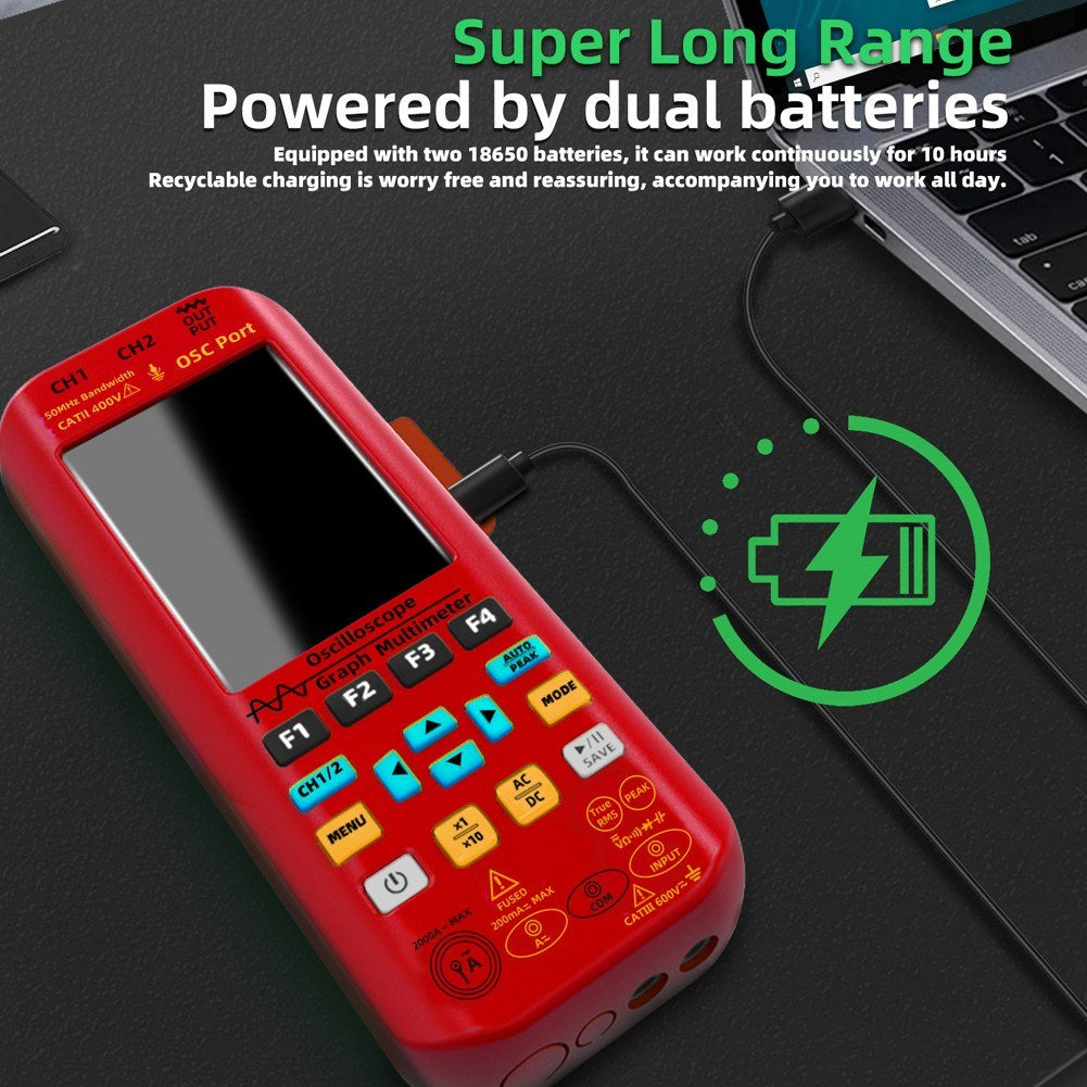 3-in-1 Handheld Oscilloscope Multimeter with Signal Source, 3.98-inch TFT Display, 50MHz Bandwidth, 250MSa/s Sampling Rate, Dual Channel, Waveform Save & View Function for DIY & Electronics Testing