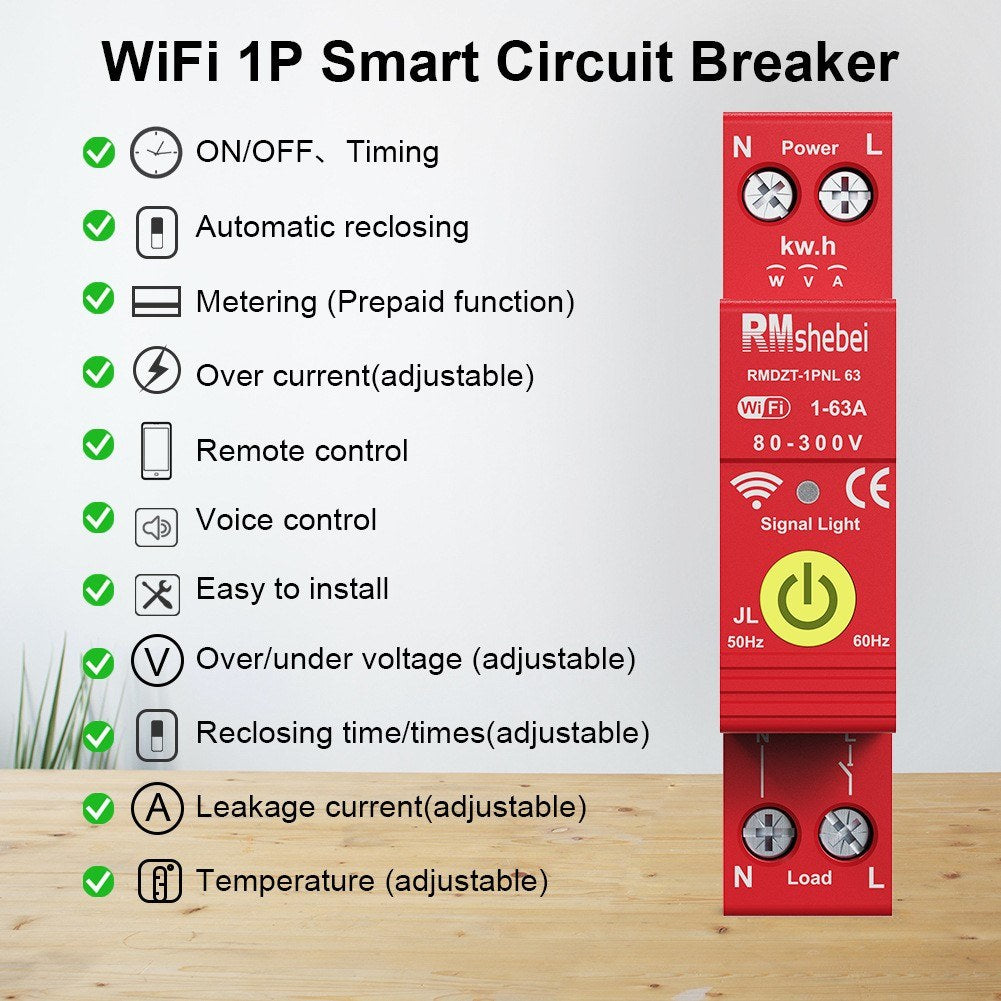 Tuya WiFi Smart Circuit Breaker 1P with Reclosing Timer, DIN-Rail Mount, Auto Reclosure, App & Voice Control via Alexa & Google Assistant