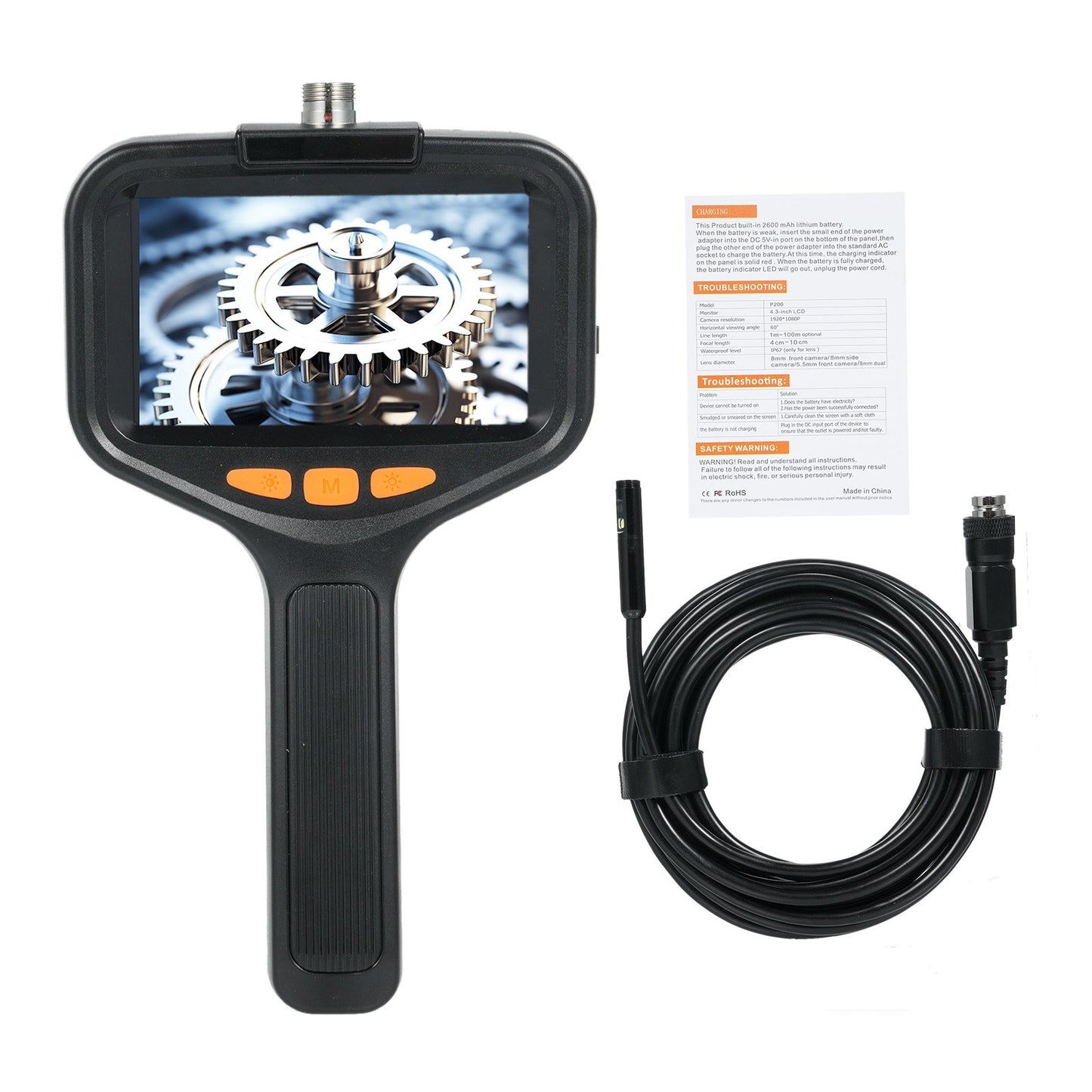 1080P HD Dual Lens Industrial Borescope Camera with 10m Flexible Cable, IP67 Waterproof, 9 LED Lights