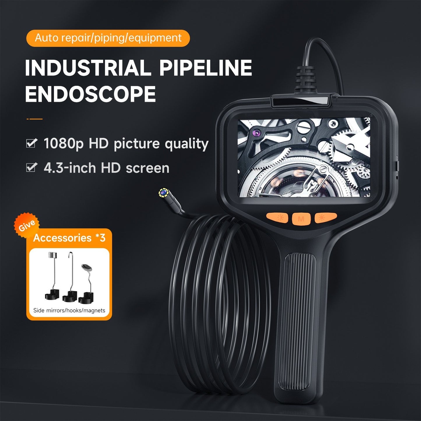1080P HD Dual Lens Industrial Borescope Camera with 10m Flexible Cable, IP67 Waterproof, 9 LED Lights