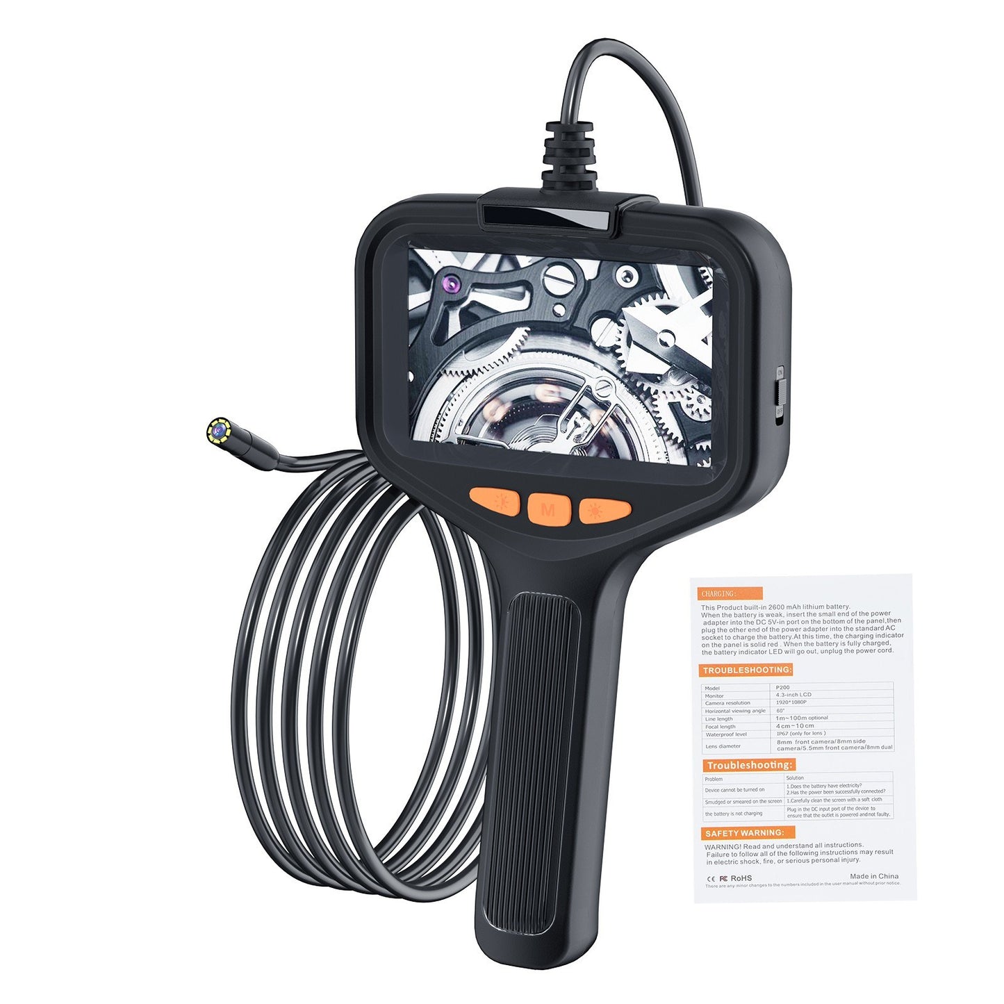 1080P HD Dual Lens Industrial Borescope Camera with 10m Flexible Cable, IP67 Waterproof, 9 LED Lights
