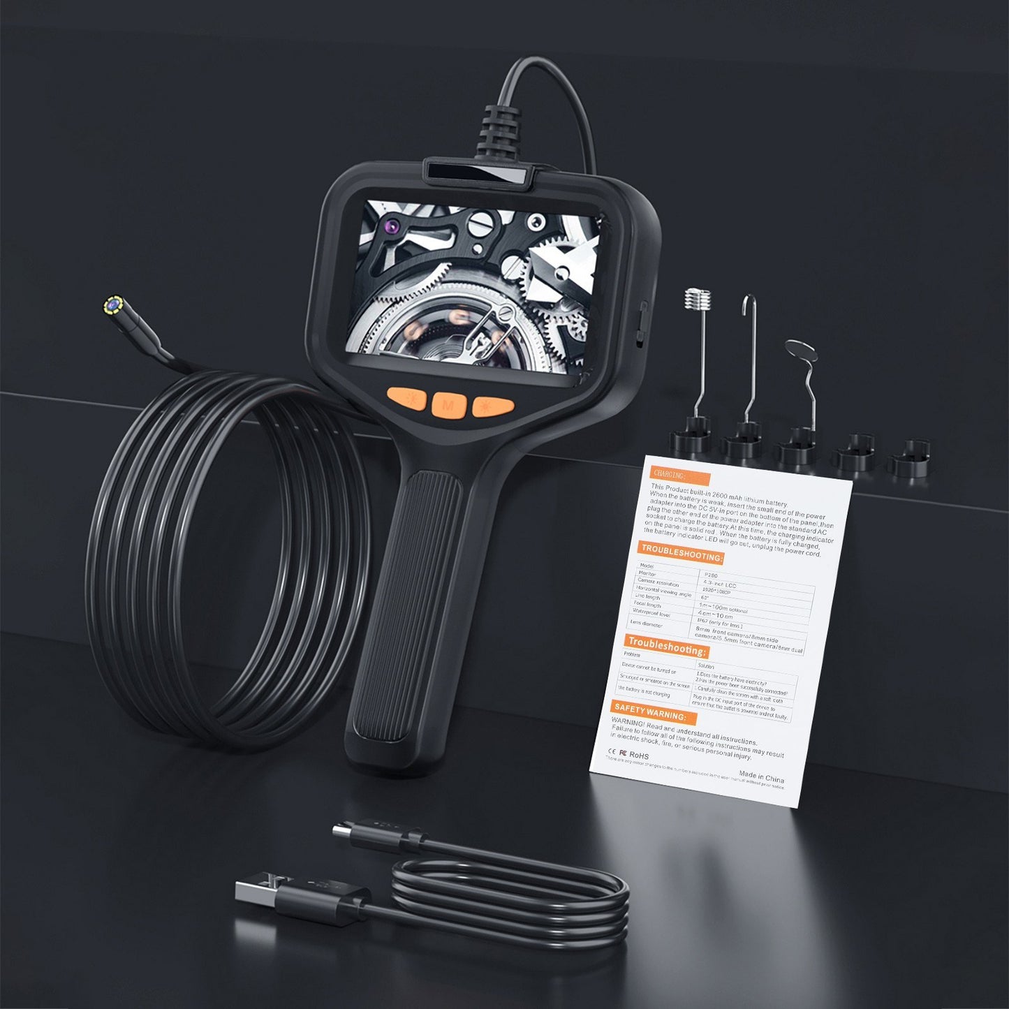 1080P HD Dual Lens Industrial Borescope Camera with 10m Flexible Cable, IP67 Waterproof, 9 LED Lights