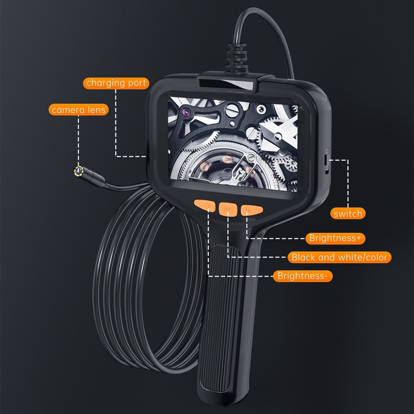 1080P HD Dual Lens Industrial Borescope Camera with 10m Flexible Cable, IP67 Waterproof, 9 LED Lights