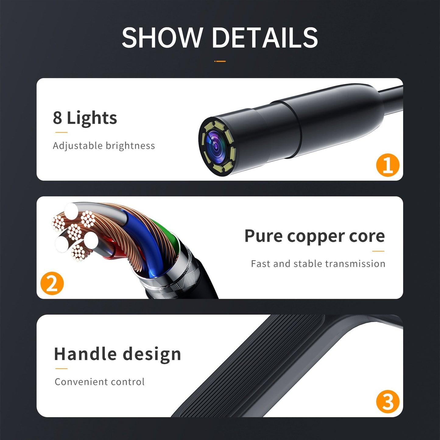 1080P HD Dual Lens Industrial Borescope Camera with 10m Flexible Cable, IP67 Waterproof, 9 LED Lights